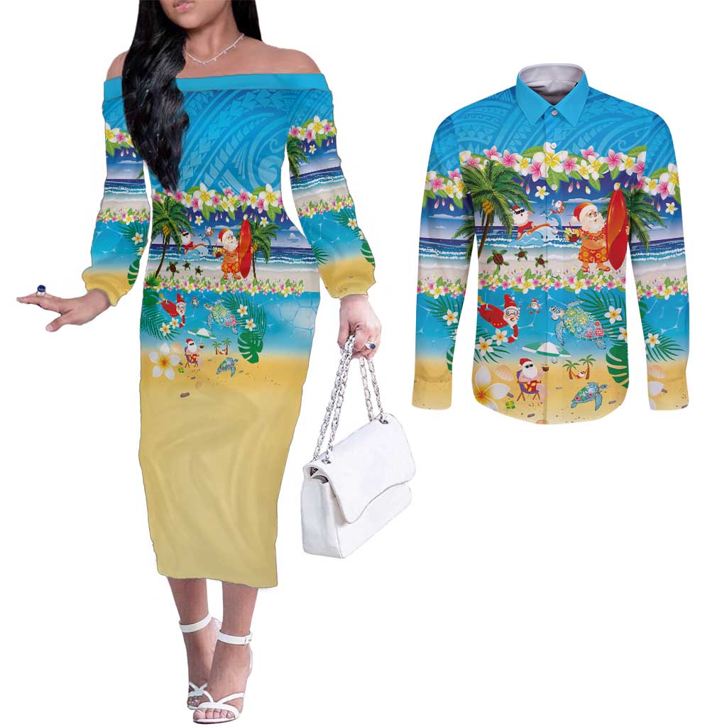 Polynesian Merry Christmas Couples Matching Off The Shoulder Long Sleeve Dress and Long Sleeve Button Shirt Funny Santa Beach Tropical Plant and Turtle - Polynesian Pride