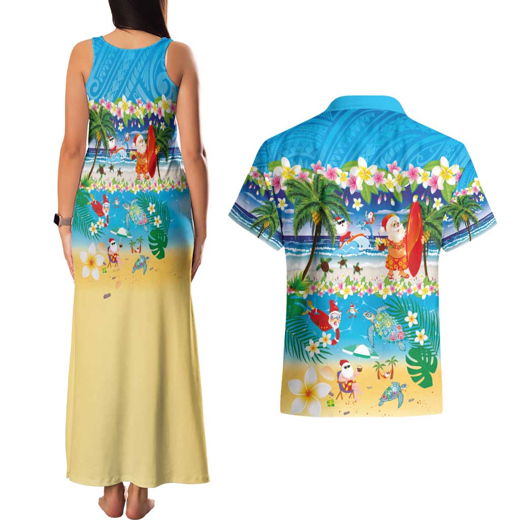 Polynesian Merry Christmas Couples Matching Tank Maxi Dress and Hawaiian Shirt Funny Santa Beach Tropical Plant and Turtle - Polynesian Pride