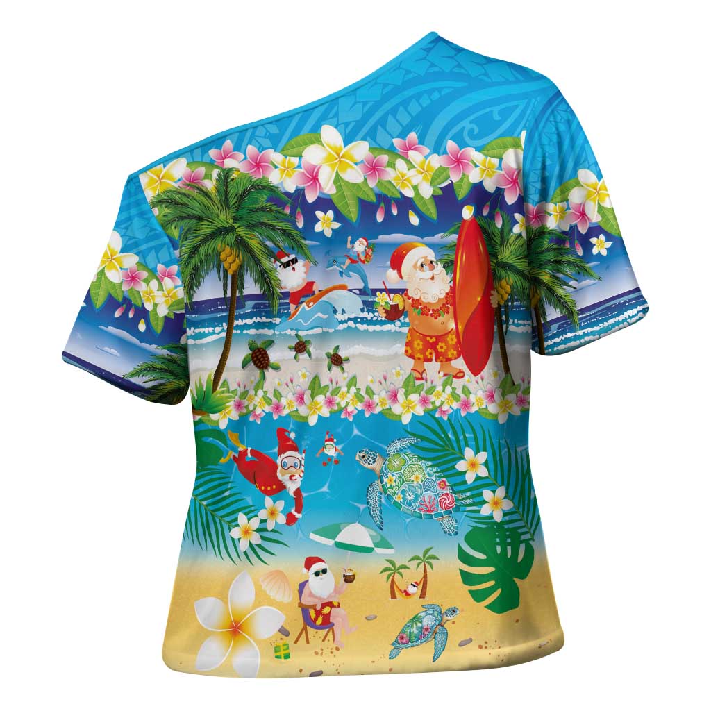 Polynesian Merry Christmas Cross Shoulder Shirt Funny Santa Beach Tropical Plant and Turtle - Polynesian Pride