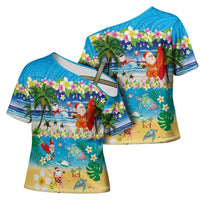 Polynesian Merry Christmas Cross Shoulder Shirt Funny Santa Beach Tropical Plant and Turtle - Polynesian Pride