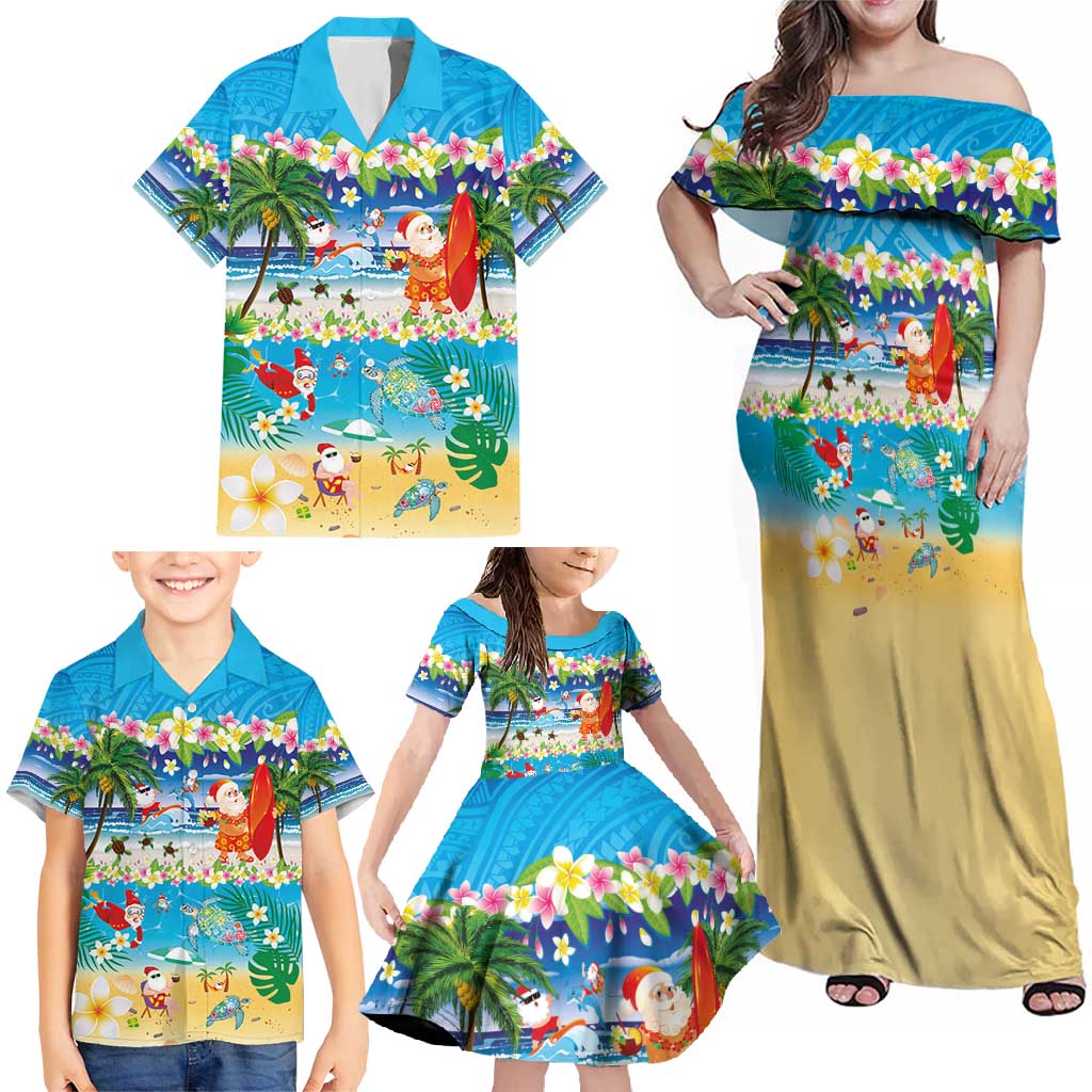 Polynesian Merry Christmas Family Matching Off Shoulder Maxi Dress and Hawaiian Shirt Funny Santa Beach Tropical Plant and Turtle - Polynesian Pride