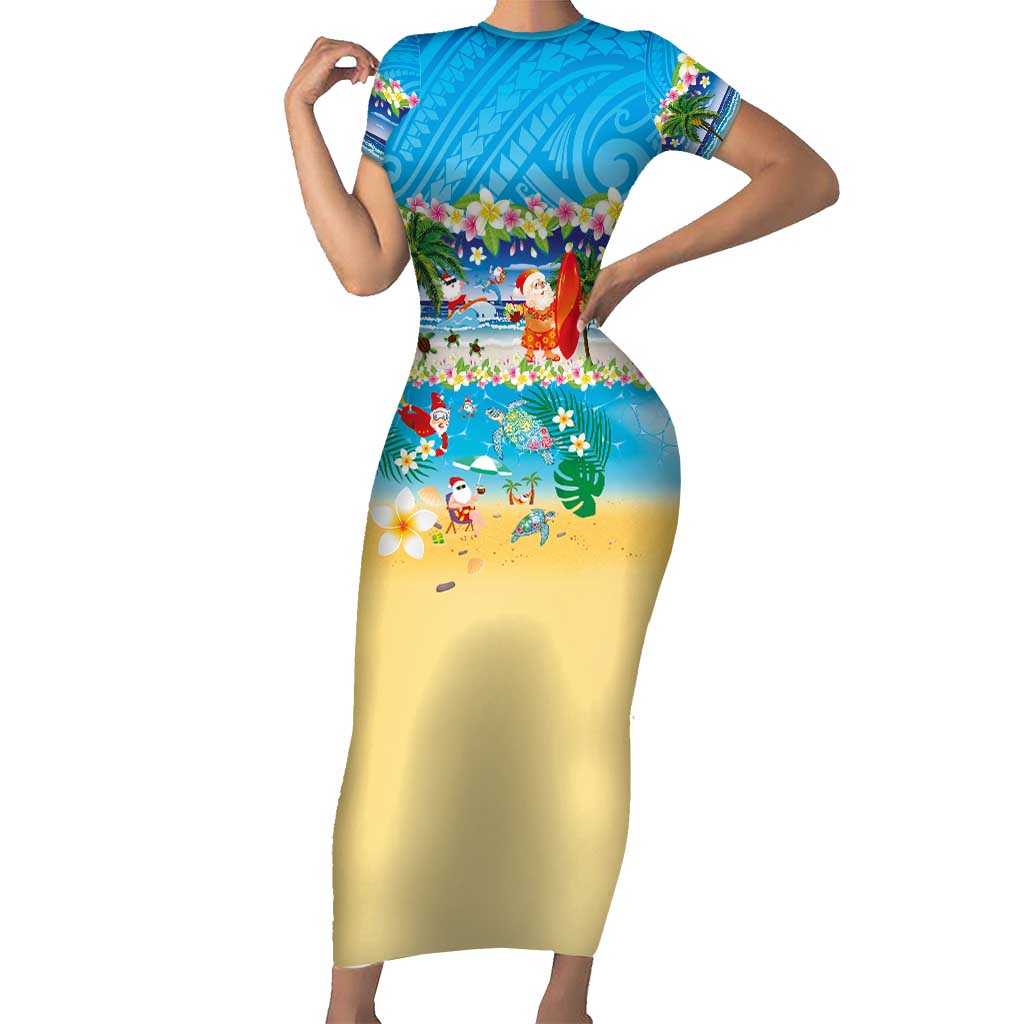 Polynesian Merry Christmas Family Matching Short Sleeve Bodycon Dress and Hawaiian Shirt Funny Santa Beach Tropical Plant and Turtle - Polynesian Pride