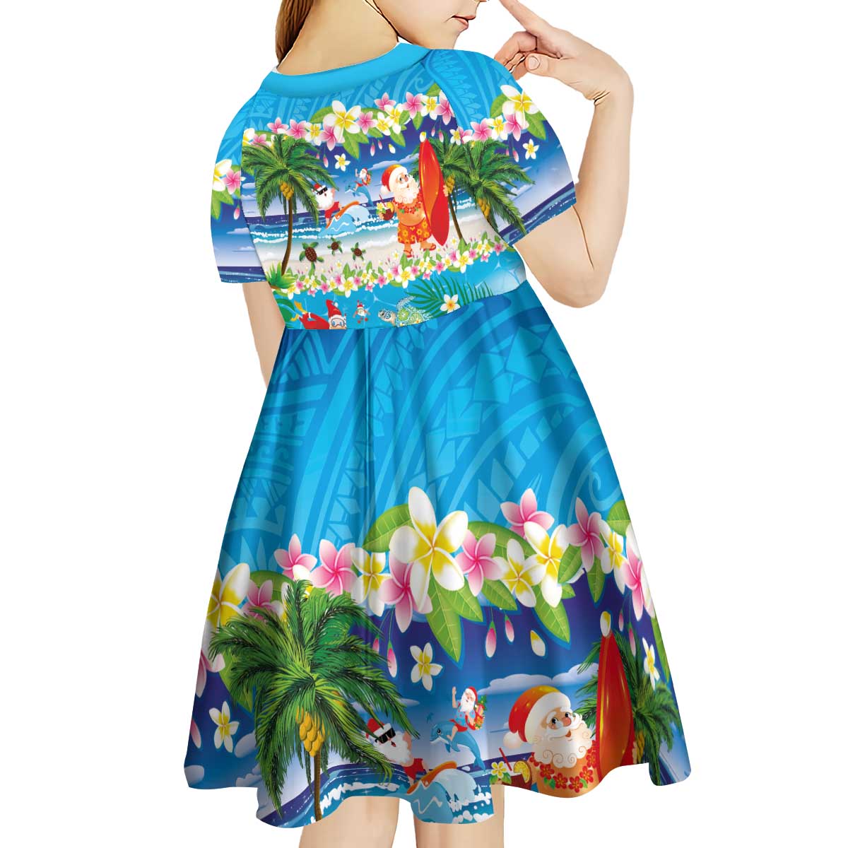 Polynesian Merry Christmas Kid Short Sleeve Dress Funny Santa Beach Tropical Plant and Turtle - Polynesian Pride