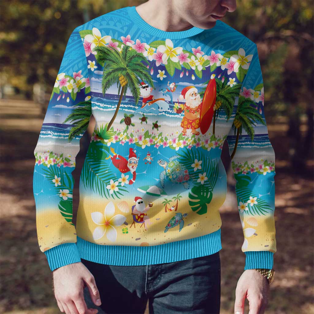 Polynesian Merry Christmas Ugly Christmas Sweater Funny Santa Beach Tropical Plant and Turtle - Polynesian Pride