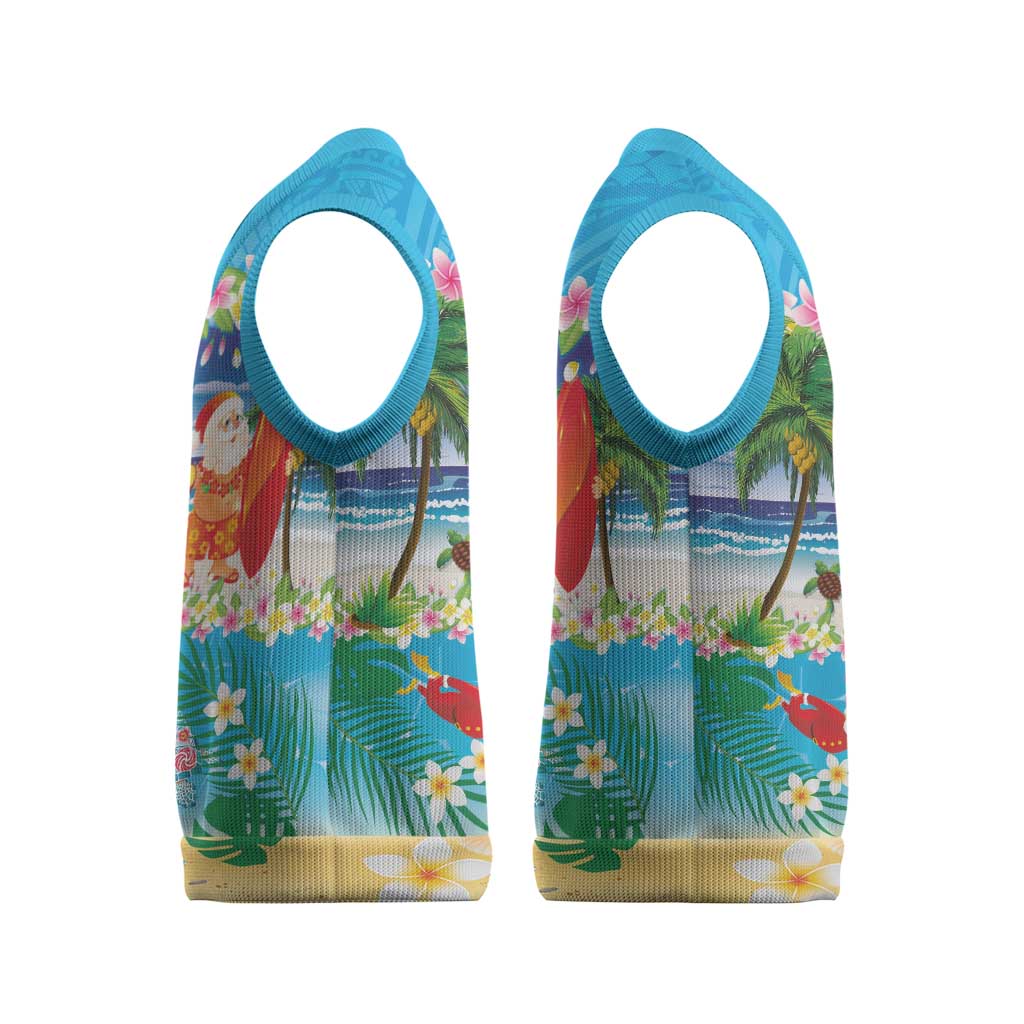 Polynesian Merry Christmas Knitted V-Neck Vest Funny Santa Beach Tropical Plant and Turtle - Polynesian Pride