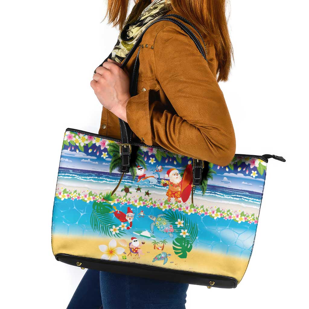 Polynesian Merry Christmas Leather Tote Bag Funny Santa Beach Tropical Plant and Turtle - Polynesian Pride