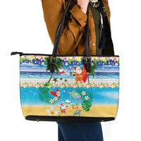 Polynesian Merry Christmas Leather Tote Bag Funny Santa Beach Tropical Plant and Turtle - Polynesian Pride
