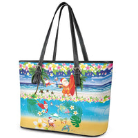 Polynesian Merry Christmas Leather Tote Bag Funny Santa Beach Tropical Plant and Turtle - Polynesian Pride