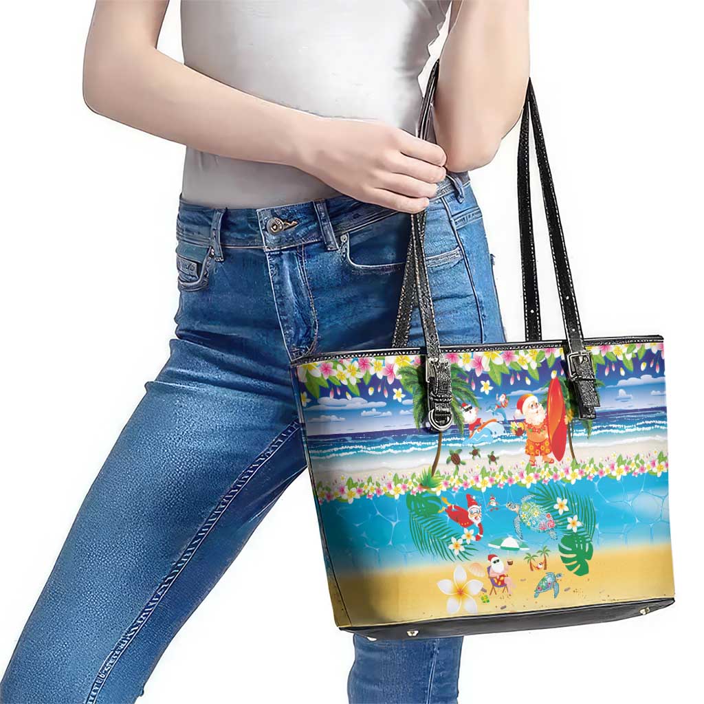 Polynesian Merry Christmas Leather Tote Bag Funny Santa Beach Tropical Plant and Turtle - Polynesian Pride