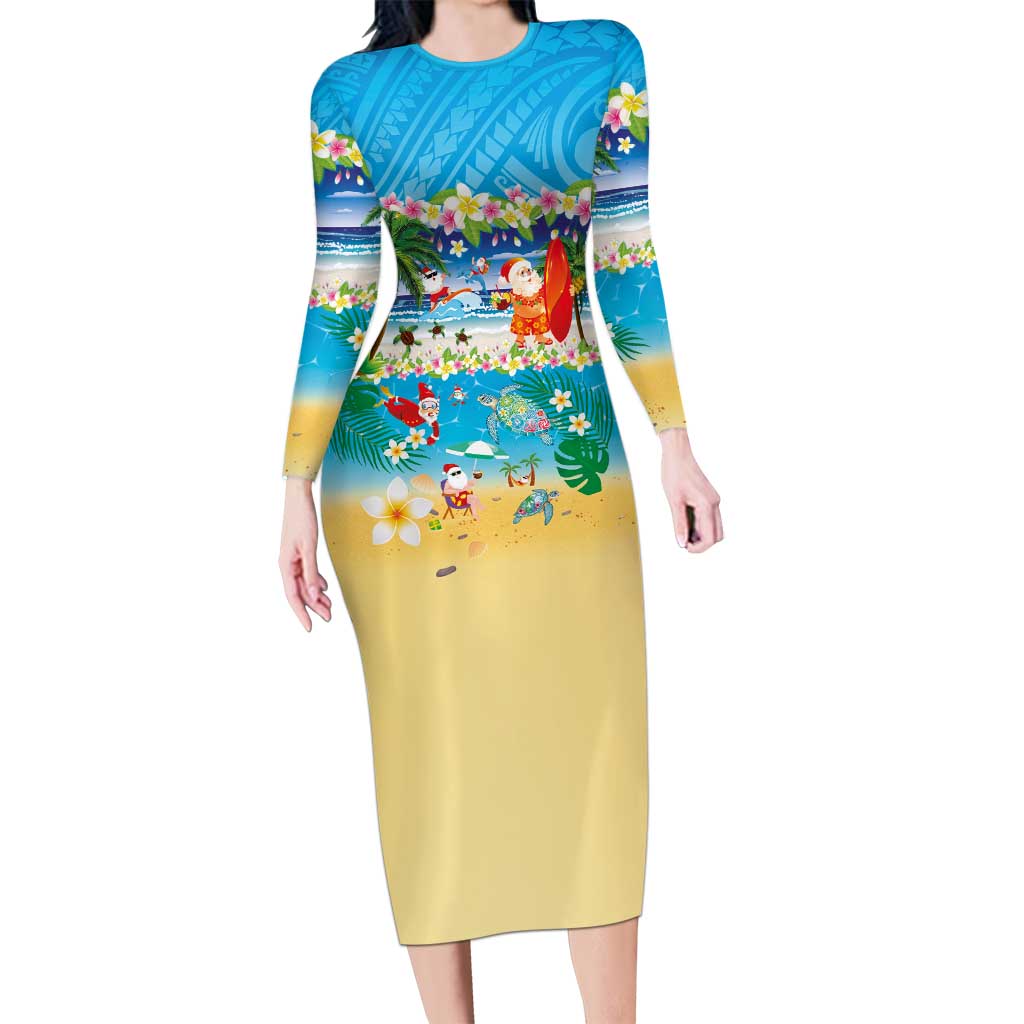 Polynesian Merry Christmas Long Sleeve Bodycon Dress Funny Santa Beach Tropical Plant and Turtle - Polynesian Pride