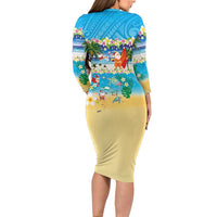Polynesian Merry Christmas Long Sleeve Bodycon Dress Funny Santa Beach Tropical Plant and Turtle - Polynesian Pride