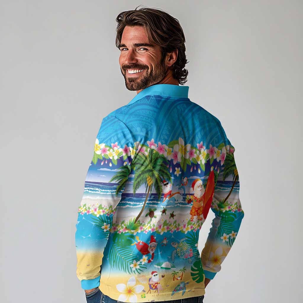 Polynesian Merry Christmas Long Sleeve Polo Shirt Funny Santa Beach Tropical Plant and Turtle - Polynesian Pride