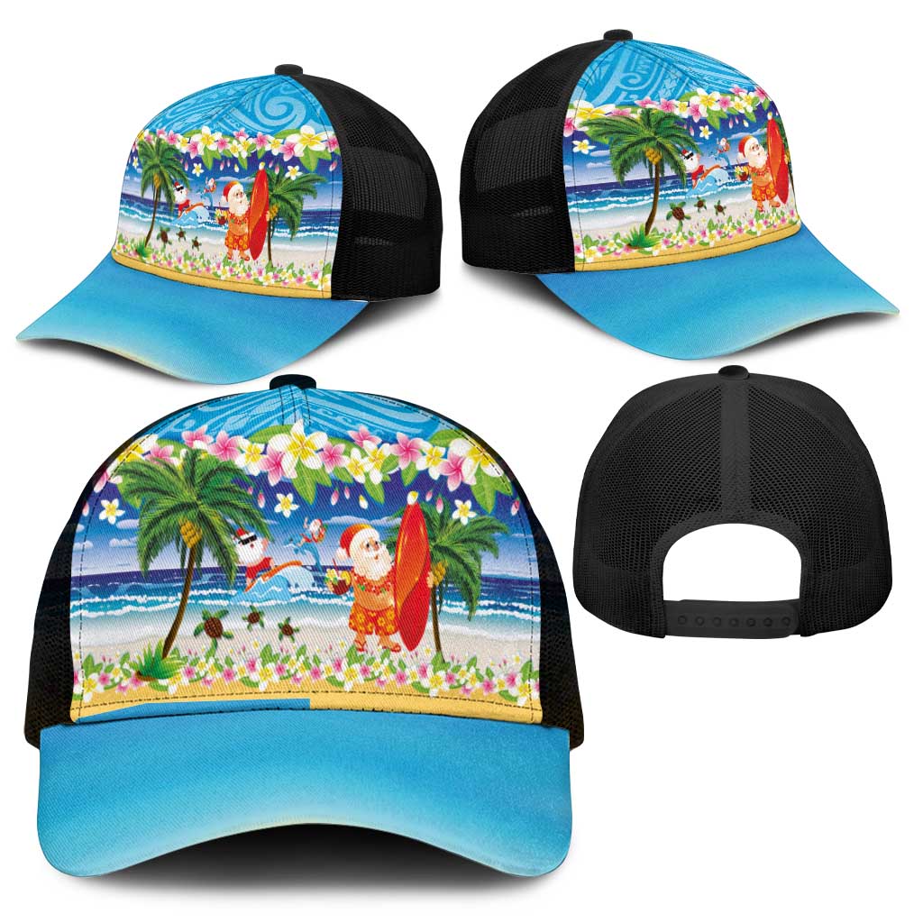 Polynesian Merry Christmas Mesh Trucker Cap Funny Santa Beach Tropical Plant and Turtle - Polynesian Pride