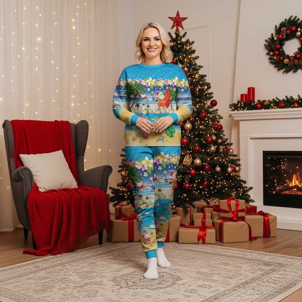 Polynesian Merry Christmas Pajama Set Funny Santa Beach Tropical Plant and Turtle - Polynesian Pride