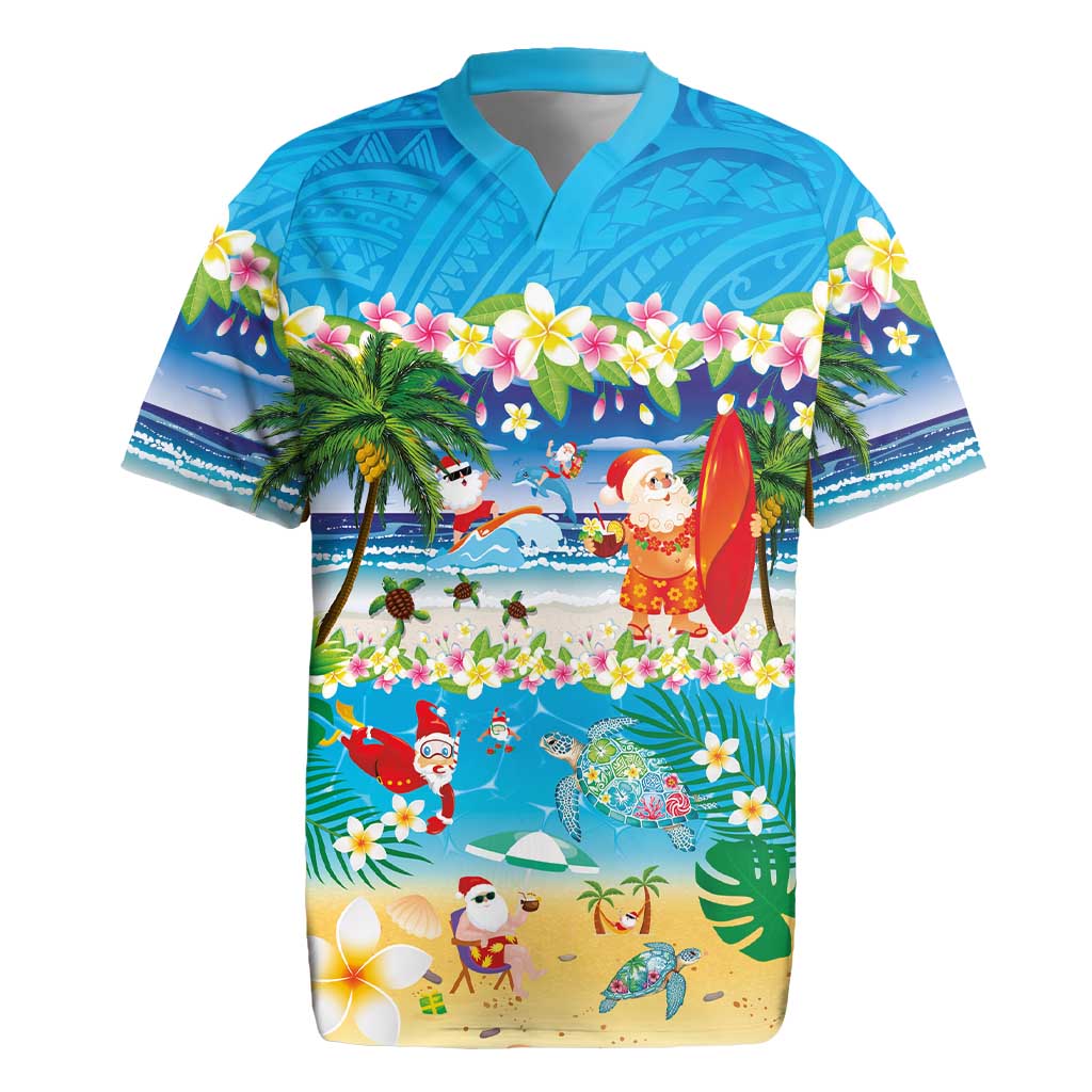 Polynesian Merry Christmas Rugby Jersey Funny Santa Beach Tropical Plant and Turtle - Polynesian Pride