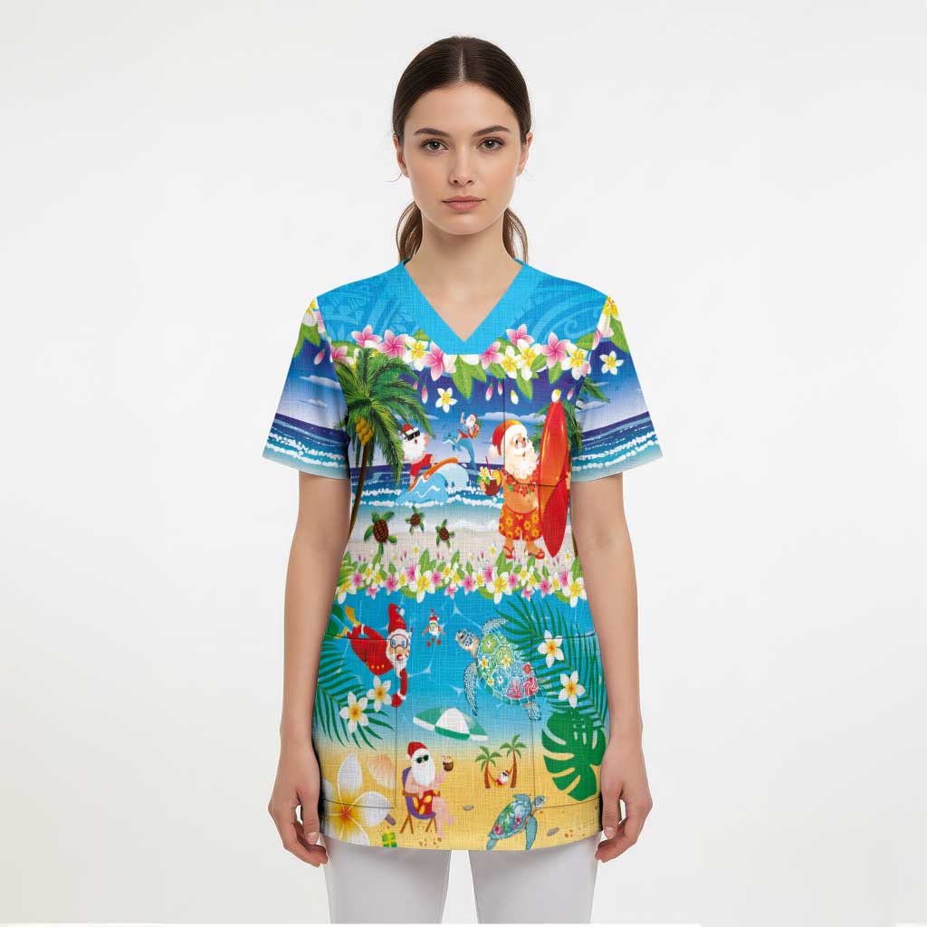 Polynesian Merry Christmas Scrub Top Funny Santa Beach Tropical Plant and Turtle - Polynesian Pride