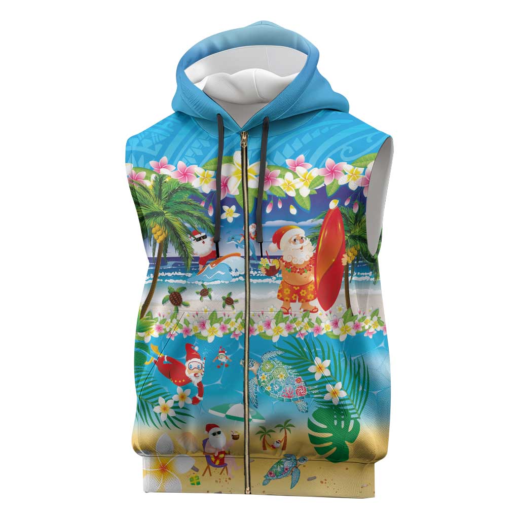 Polynesian Merry Christmas Sleeveless Zip Hoodie Funny Santa Beach Tropical Plant and Turtle - Polynesian Pride