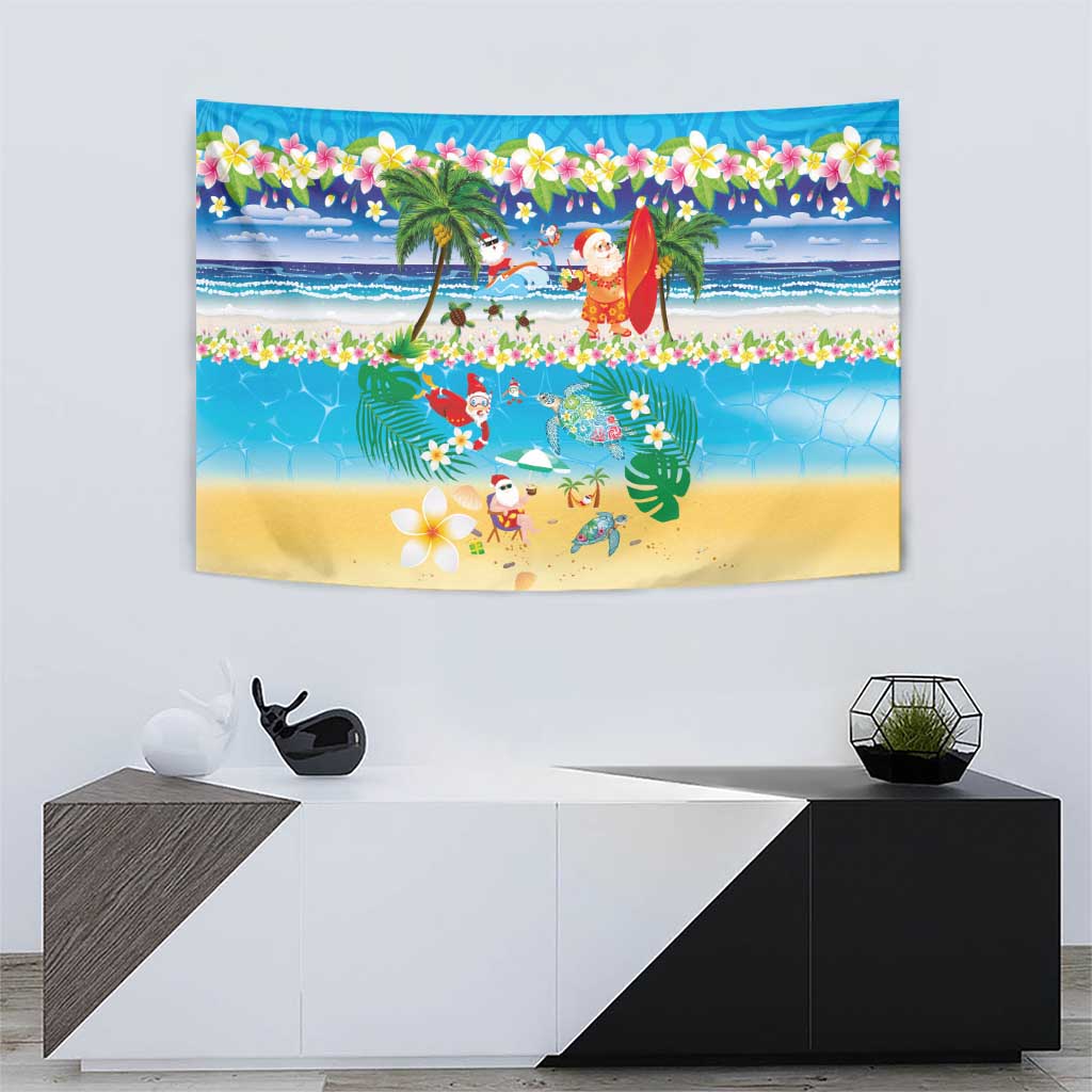 Polynesian Merry Christmas Tapestry Funny Santa Beach Tropical Plant and Turtle - Polynesian Pride