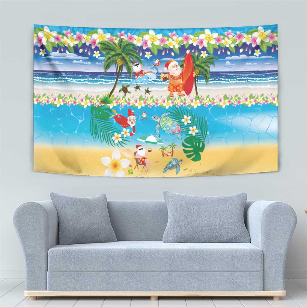 Polynesian Merry Christmas Tapestry Funny Santa Beach Tropical Plant and Turtle - Polynesian Pride