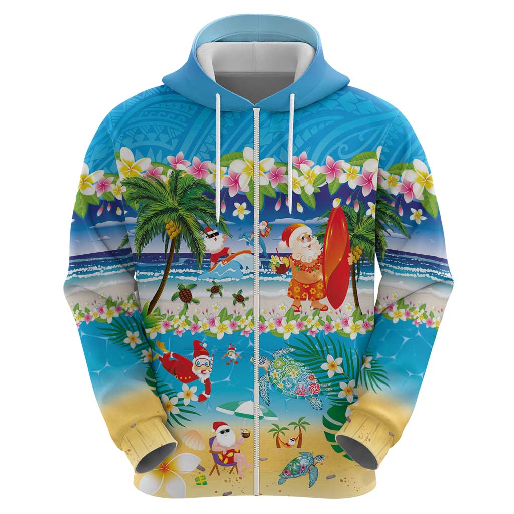 Polynesian Merry Christmas Zip Hoodie Funny Santa Beach Tropical Plant and Turtle - Polynesian Pride