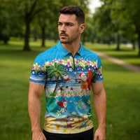 Polynesian Merry Christmas Zipper Polo Shirt Funny Santa Beach Tropical Plant and Turtle - Polynesian Pride