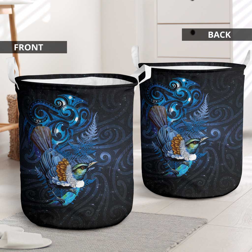 Aotearoa Matariki Laundry Basket Maori Tribal with Silver Fern and Tui Bird Galaxy Style - Polynesian Pride
