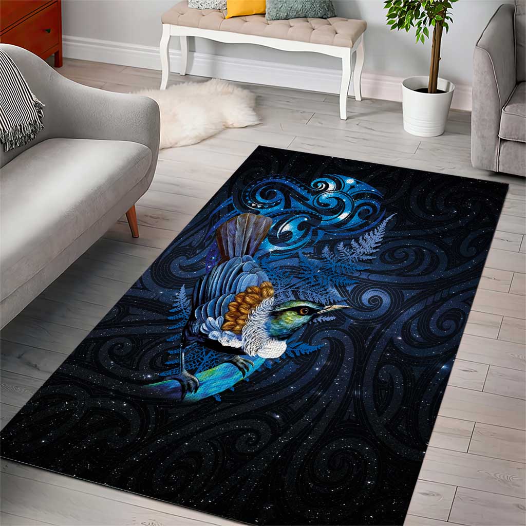 Aotearoa Matariki Area Rug Maori Tribal with Silver Fern and Tui Bird Galaxy Style - Polynesian Pride