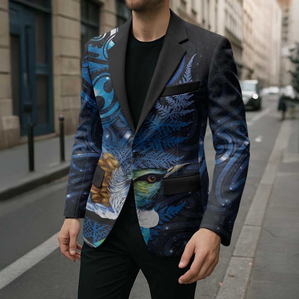 Aotearoa Matariki Blazer Maori Tribal with Silver Fern and Tui Bird Galaxy Style - Polynesian Pride