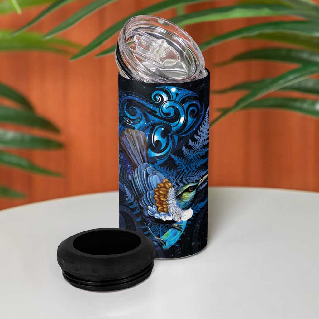 Aotearoa Matariki 4 in 1 Can Cooler Tumbler Maori Tribal with Silver Fern and Tui Bird Galaxy Style - Polynesian Pride