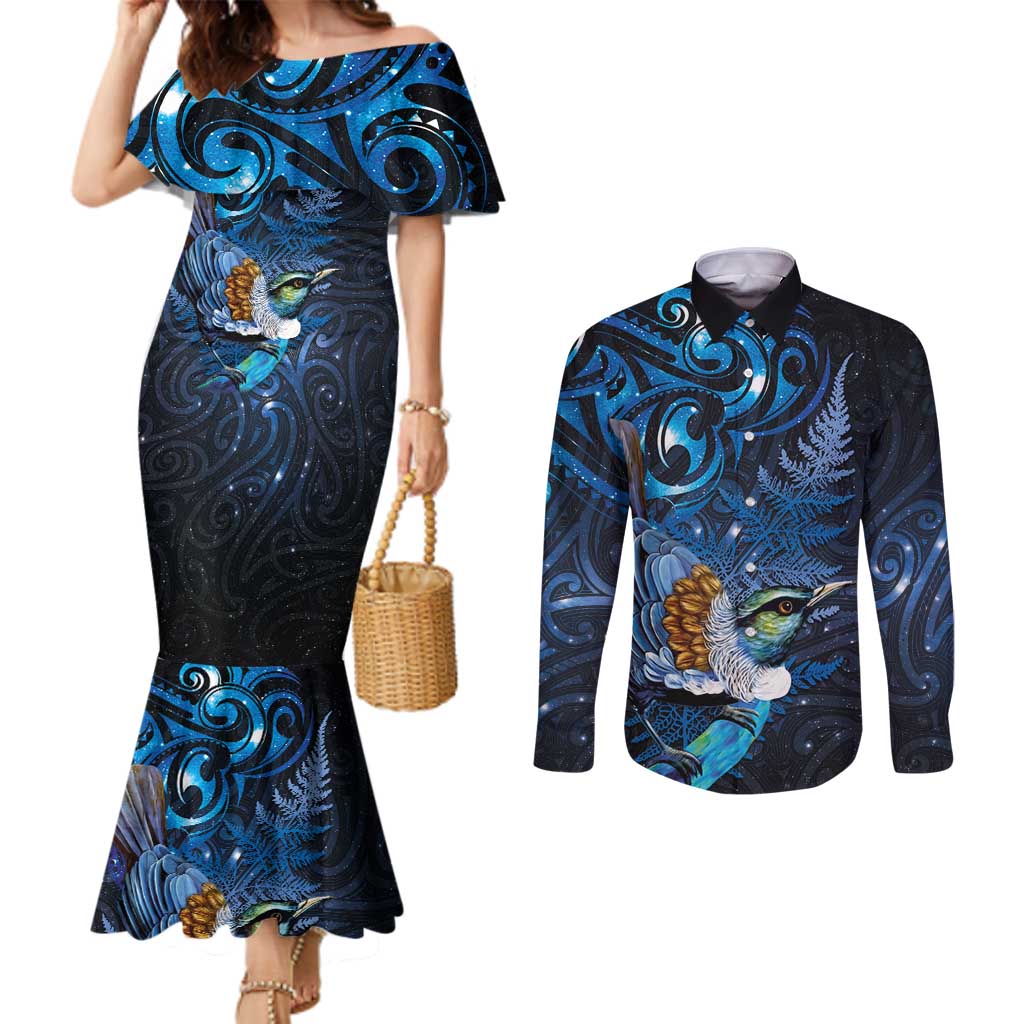 Aotearoa Matariki Couples Matching Mermaid Dress and Long Sleeve Button Shirt Maori Tribal with Silver Fern and Tui Bird Galaxy Style - Polynesian Pride
