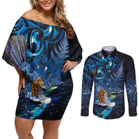 Aotearoa Matariki Couples Matching Off Shoulder Short Dress and Long Sleeve Button Shirt Maori Tribal with Silver Fern and Tui Bird Galaxy Style - Polynesian Pride
