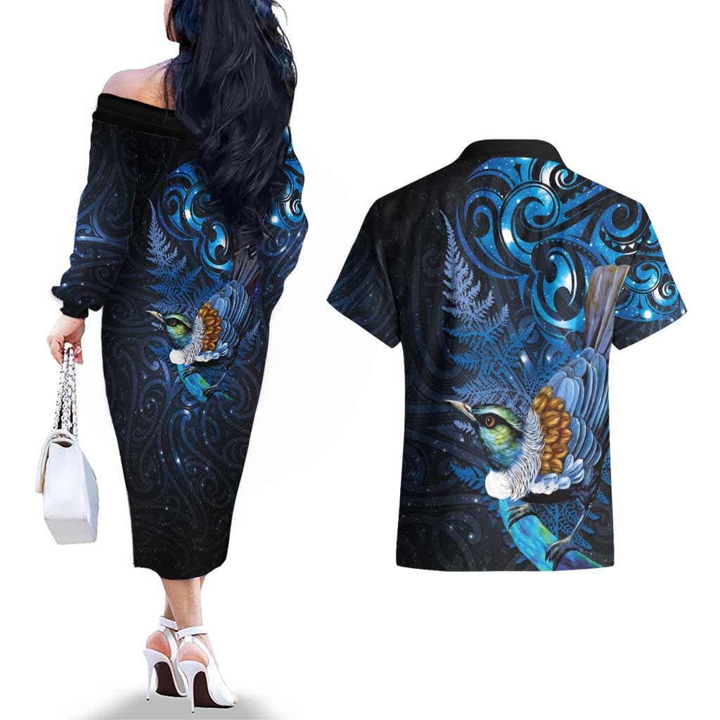 Aotearoa Matariki Couples Matching Off The Shoulder Long Sleeve Dress and Hawaiian Shirt Maori Tribal with Silver Fern and Tui Bird Galaxy Style - Polynesian Pride