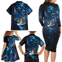 Aotearoa Matariki Family Matching Long Sleeve Bodycon Dress and Hawaiian Shirt Maori Tribal with Silver Fern and Tui Bird Galaxy Style - Polynesian Pride