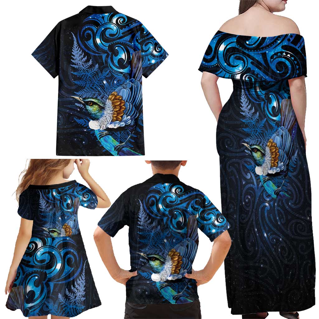 Aotearoa Matariki Family Matching Off Shoulder Maxi Dress and Hawaiian Shirt Maori Tribal with Silver Fern and Tui Bird Galaxy Style - Polynesian Pride