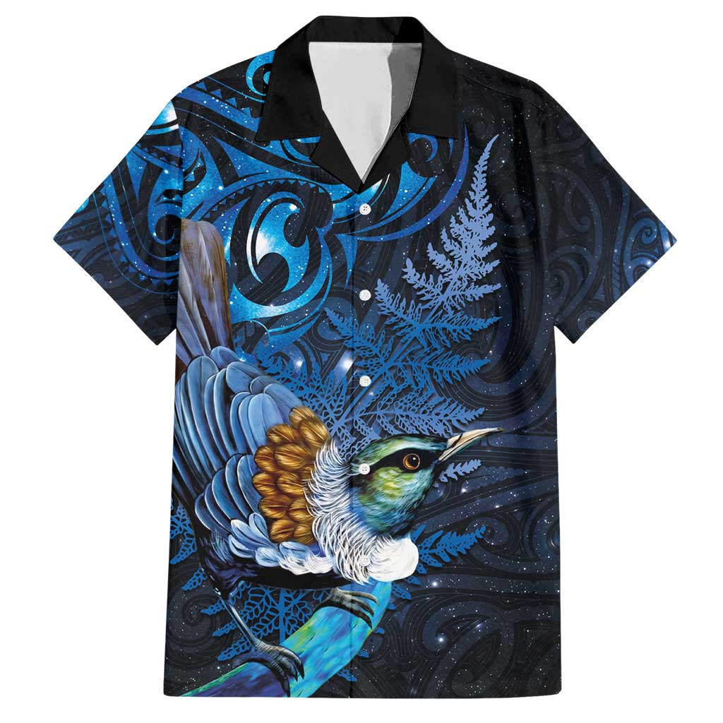 Aotearoa Matariki Family Matching Short Sleeve Bodycon Dress and Hawaiian Shirt Maori Tribal with Silver Fern and Tui Bird Galaxy Style - Polynesian Pride