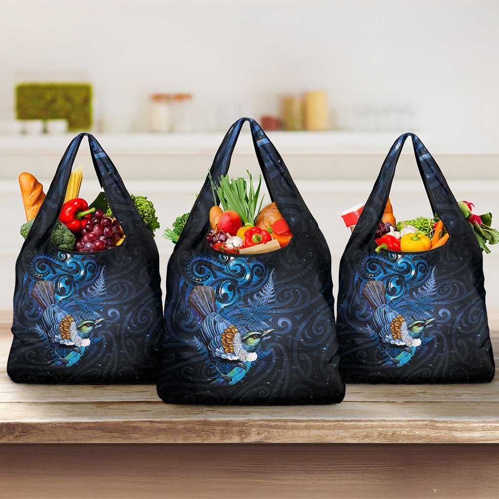 Aotearoa Matariki Grocery Bag Maori Tribal with Silver Fern and Tui Bird Galaxy Style - Polynesian Pride