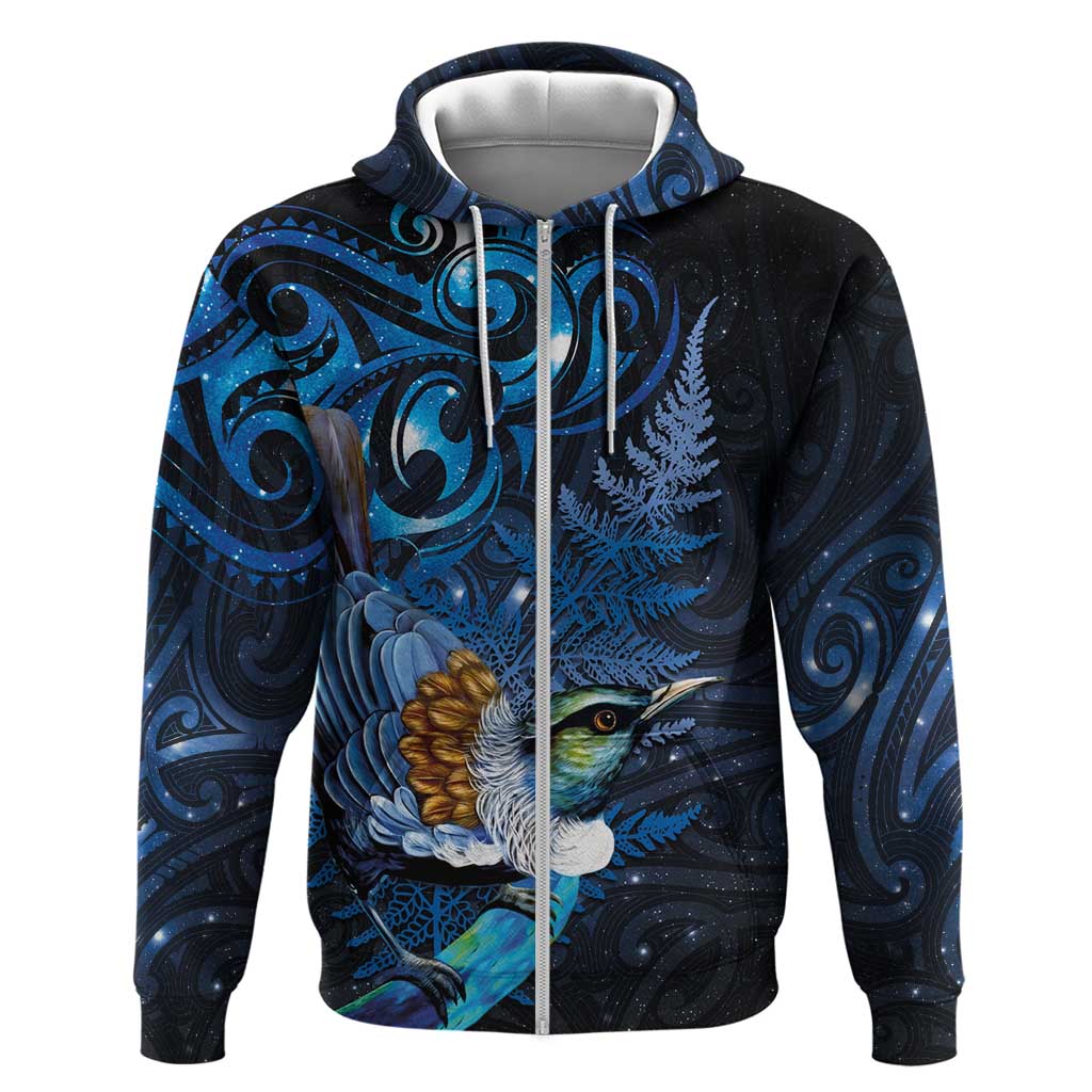 Aotearoa Matariki Hoodie Maori Tribal with Silver Fern and Tui Bird Galaxy Style - Polynesian Pride