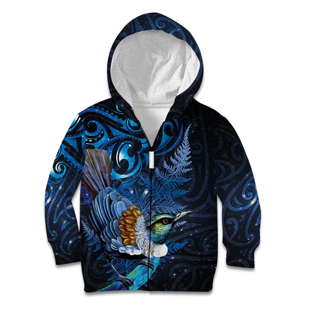 Aotearoa Matariki Kid Hoodie Maori Tribal with Silver Fern and Tui Bird Galaxy Style - Polynesian Pride