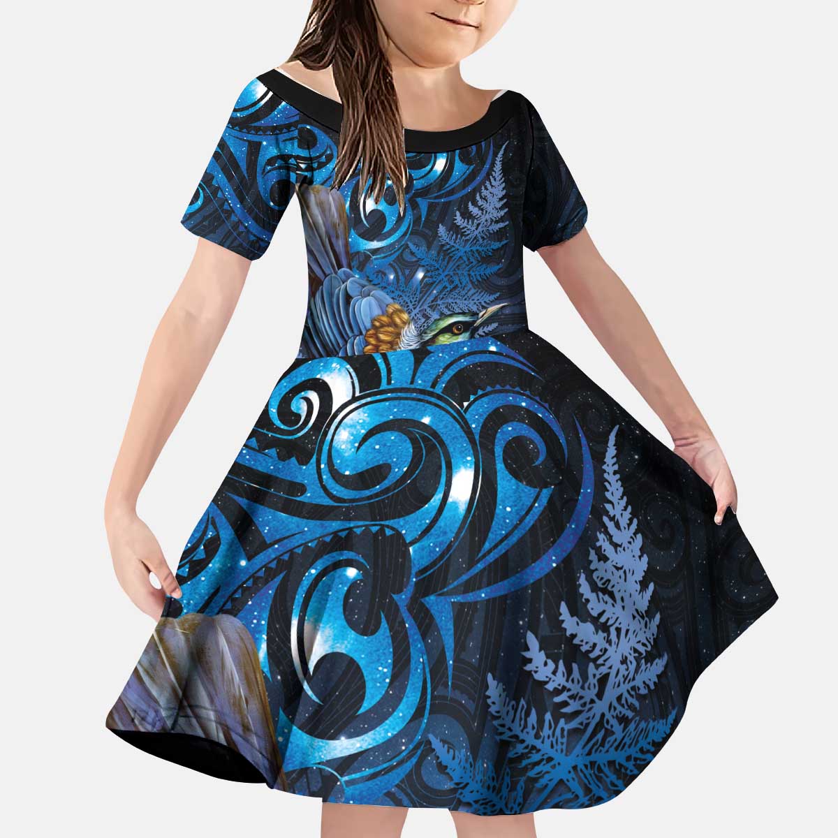 Aotearoa Matariki Kid Short Sleeve Dress Maori Tribal with Silver Fern and Tui Bird Galaxy Style - Polynesian Pride