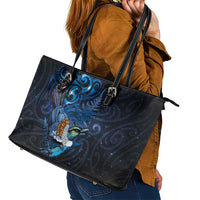 Aotearoa Matariki Leather Tote Bag Maori Tribal with Silver Fern and Tui Bird Galaxy Style - Polynesian Pride