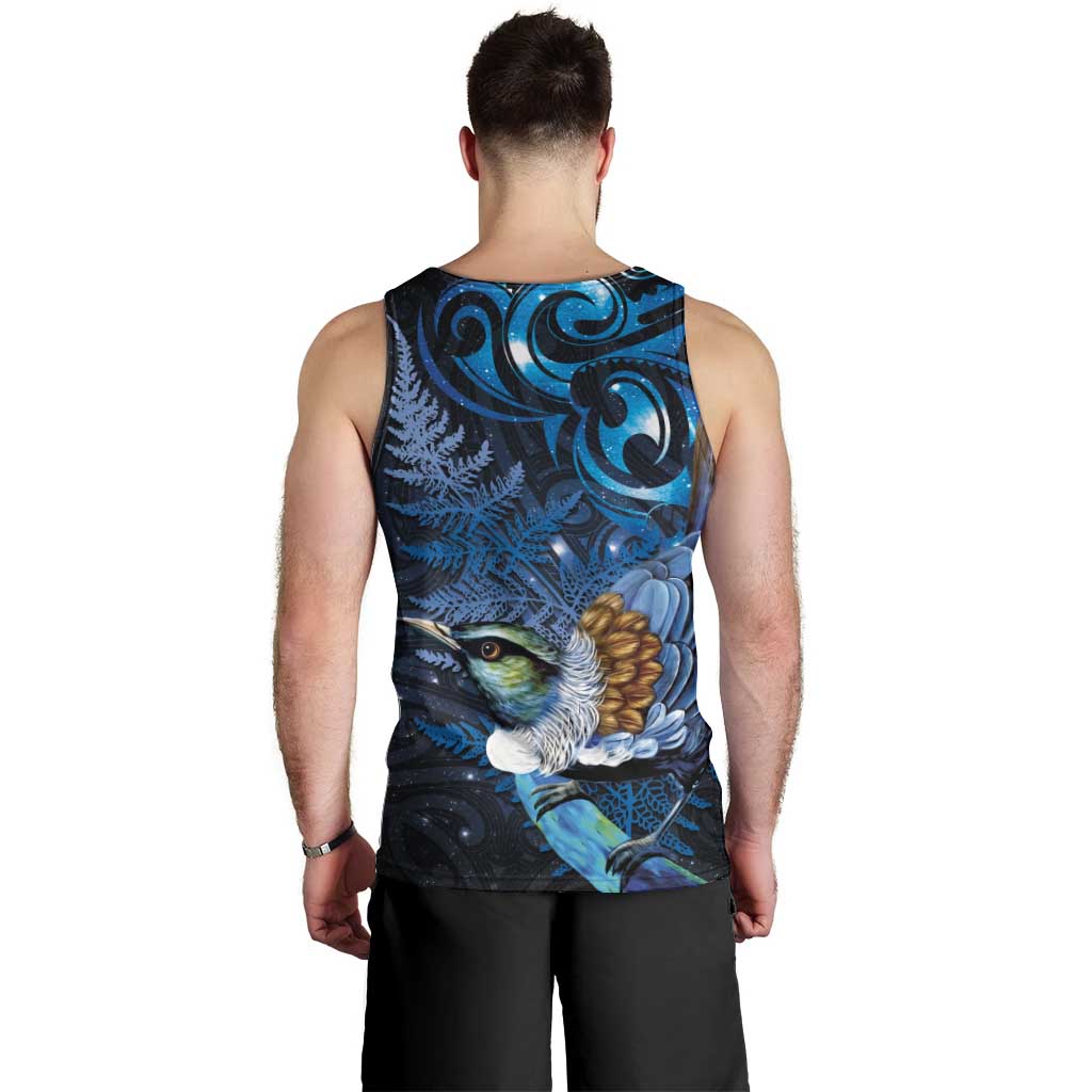 Aotearoa Matariki Men Tank Top Maori Tribal with Silver Fern and Tui Bird Galaxy Style - Polynesian Pride