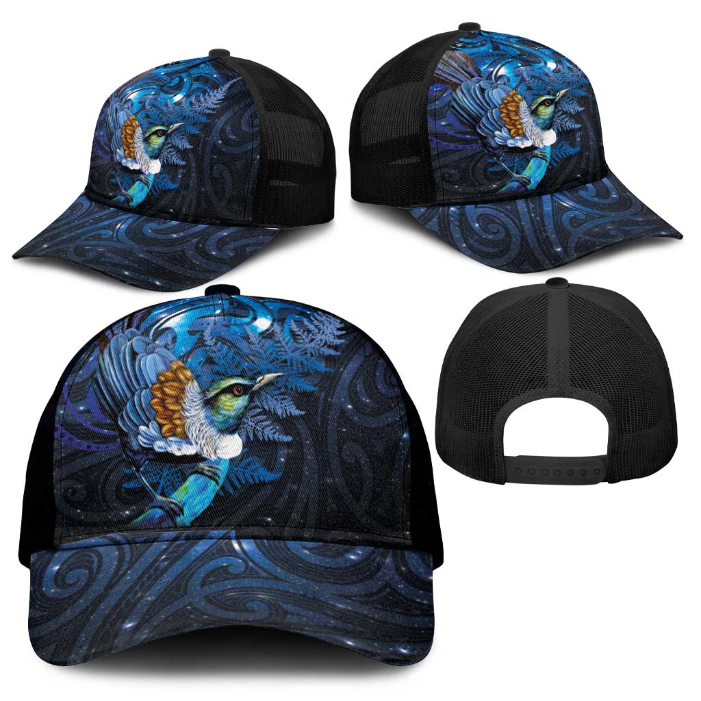 Aotearoa Matariki Mesh Trucker Cap Maori Tribal with Silver Fern and Tui Bird Galaxy Style - Polynesian Pride