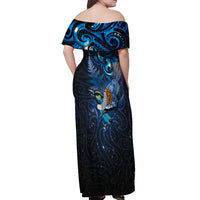 Aotearoa Matariki Off Shoulder Maxi Dress Maori Tribal with Silver Fern and Tui Bird Galaxy Style - Polynesian Pride
