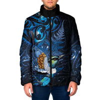 Aotearoa Matariki Padded Jacket Maori Tribal with Silver Fern and Tui Bird Galaxy Style - Polynesian Pride