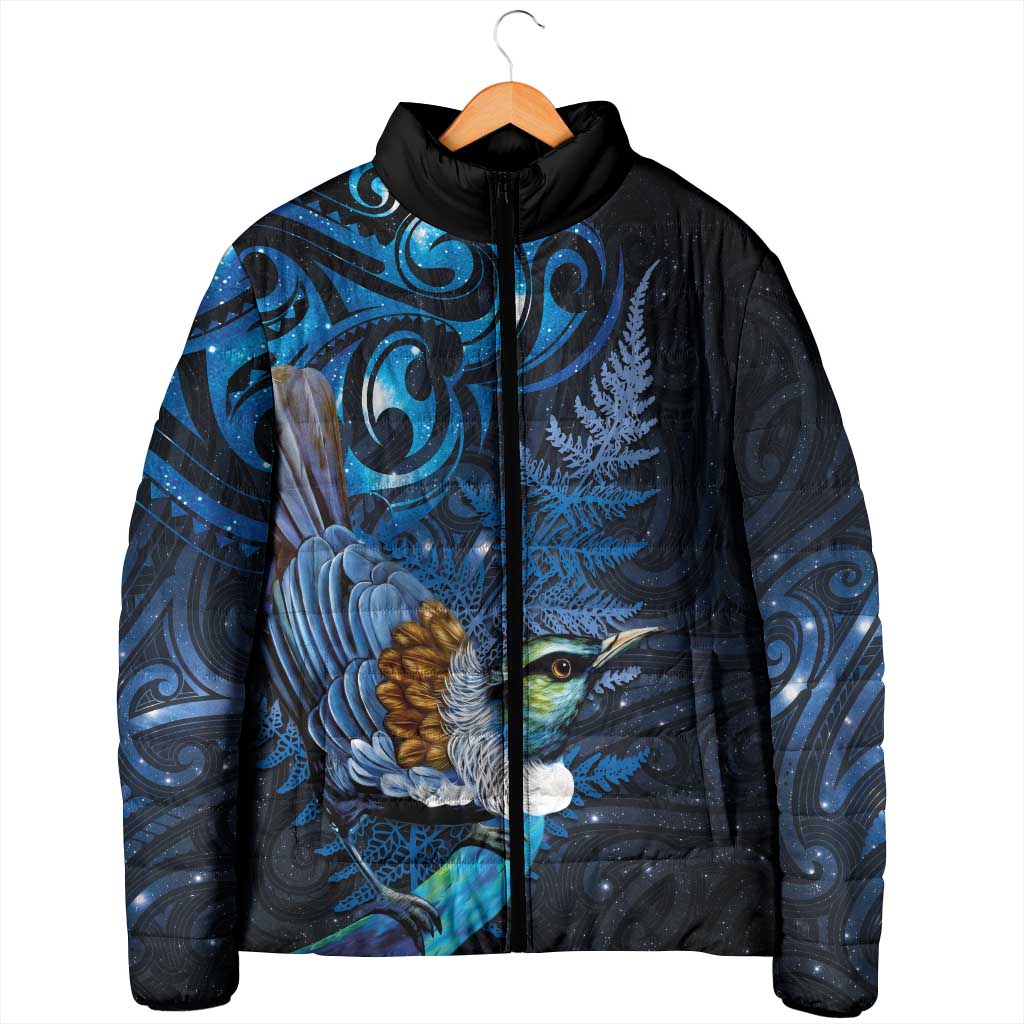 Aotearoa Matariki Padded Jacket Maori Tribal with Silver Fern and Tui Bird Galaxy Style - Polynesian Pride