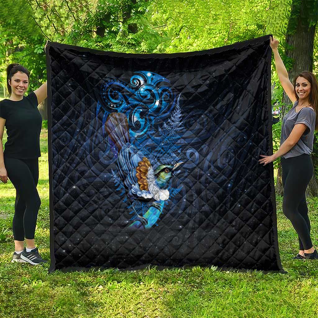Aotearoa Matariki Quilt Maori Tribal with Silver Fern and Tui Bird Galaxy Style - Polynesian Pride