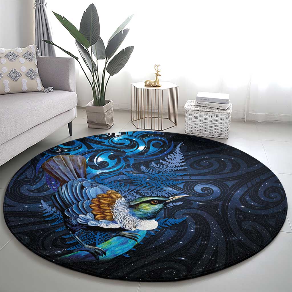 Aotearoa Matariki Round Carpet Maori Tribal with Silver Fern and Tui Bird Galaxy Style - Polynesian Pride