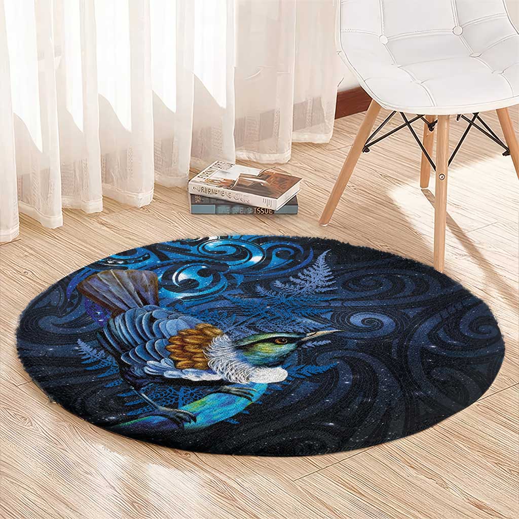Aotearoa Matariki Round Carpet Maori Tribal with Silver Fern and Tui Bird Galaxy Style - Polynesian Pride