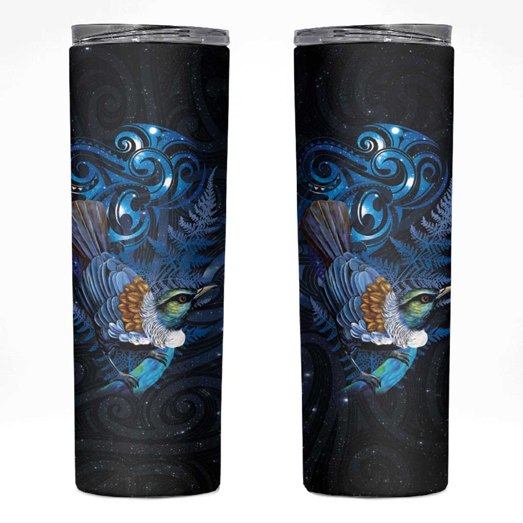Aotearoa Matariki Skinny Tumbler Maori Tribal with Silver Fern and Tui Bird Galaxy Style - Polynesian Pride