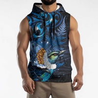Aotearoa Matariki Sleeveless Hoodie Maori Tribal with Silver Fern and Tui Bird Galaxy Style - Polynesian Pride